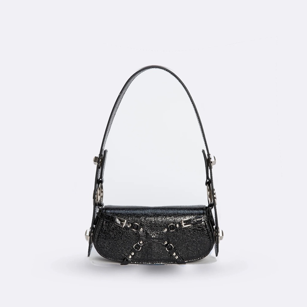 Black Leather Shoulder Bag with Gold Accents